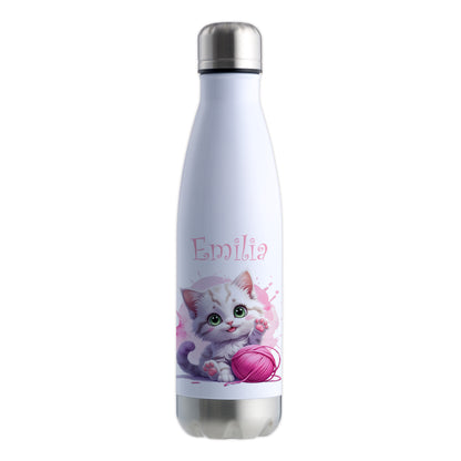 Trinkflasche in Weiß/Silber 500ml aus Edelstahl bedruckt mit niedlichen Tieren "Katze" personalisierbar für Kinder mit Wunschname