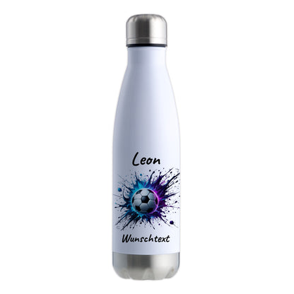 Thermoflasche 500ml in Weiß/Silber aus Edelstahl bedruckt "Fußball" Motiv10 personalisierbar mit Wunschname & Text