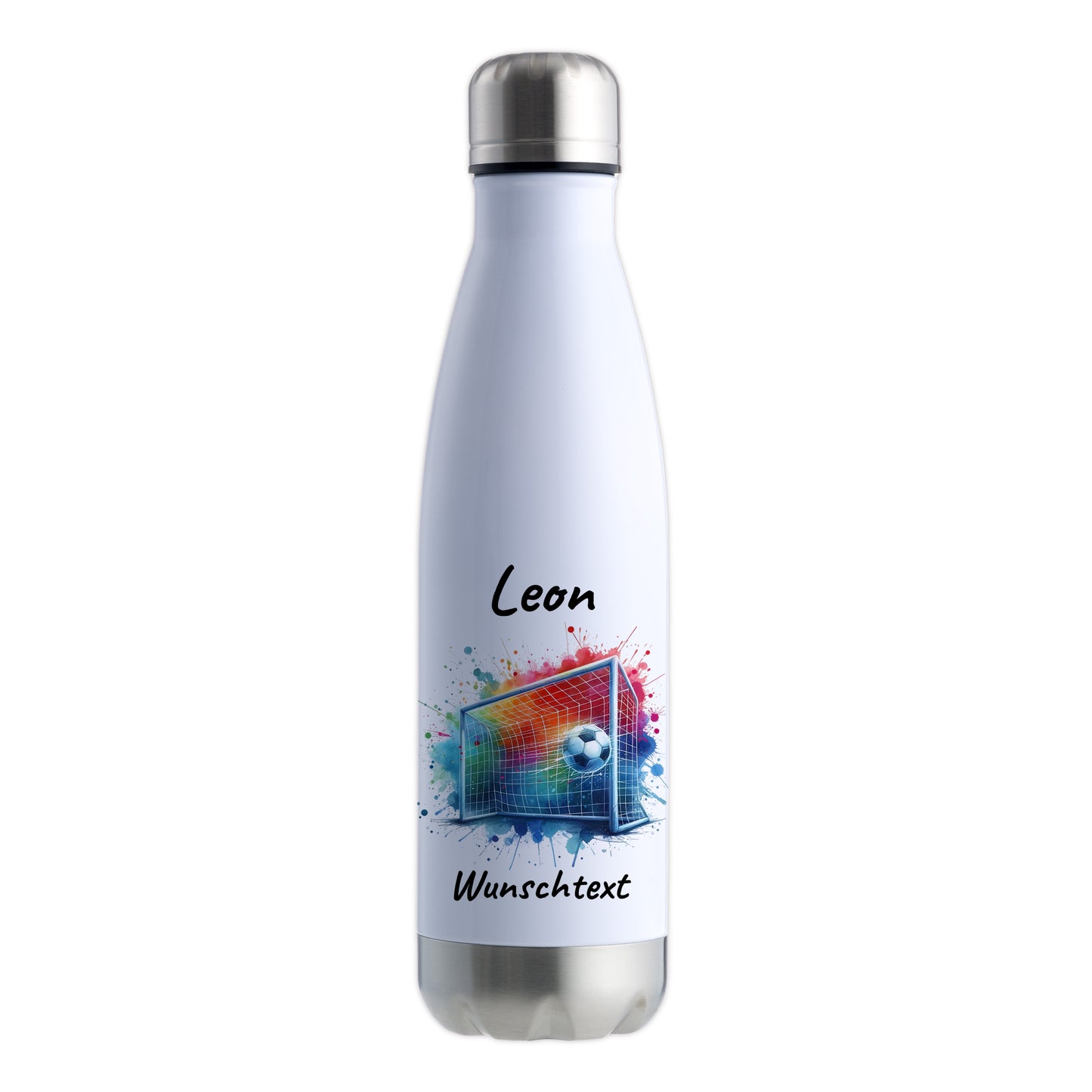 Thermoflasche 500ml in Weiß/Silber aus Edelstahl bedruckt "Fußball" Motiv5 personalisierbar mit Wunschname & Text
