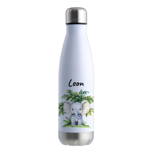Trinkflasche in Weiß/Silber 500ml aus Edelstahl bedruckt mit Dschungel Tieren"Elefant" personalisierbar für Kinder mit Wunschname