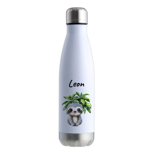 Trinkflasche in Weiß/Silber 500ml aus Edelstahl bedruckt mit Dschungel Tieren"Faultier" personalisierbar für Kinder mit Wunschname