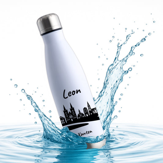 Trinkflasche in Weiß/Silber 500ml aus Edelstahl bedruckt mit der Skyline von Xanten personalisierbar mit Wunschname