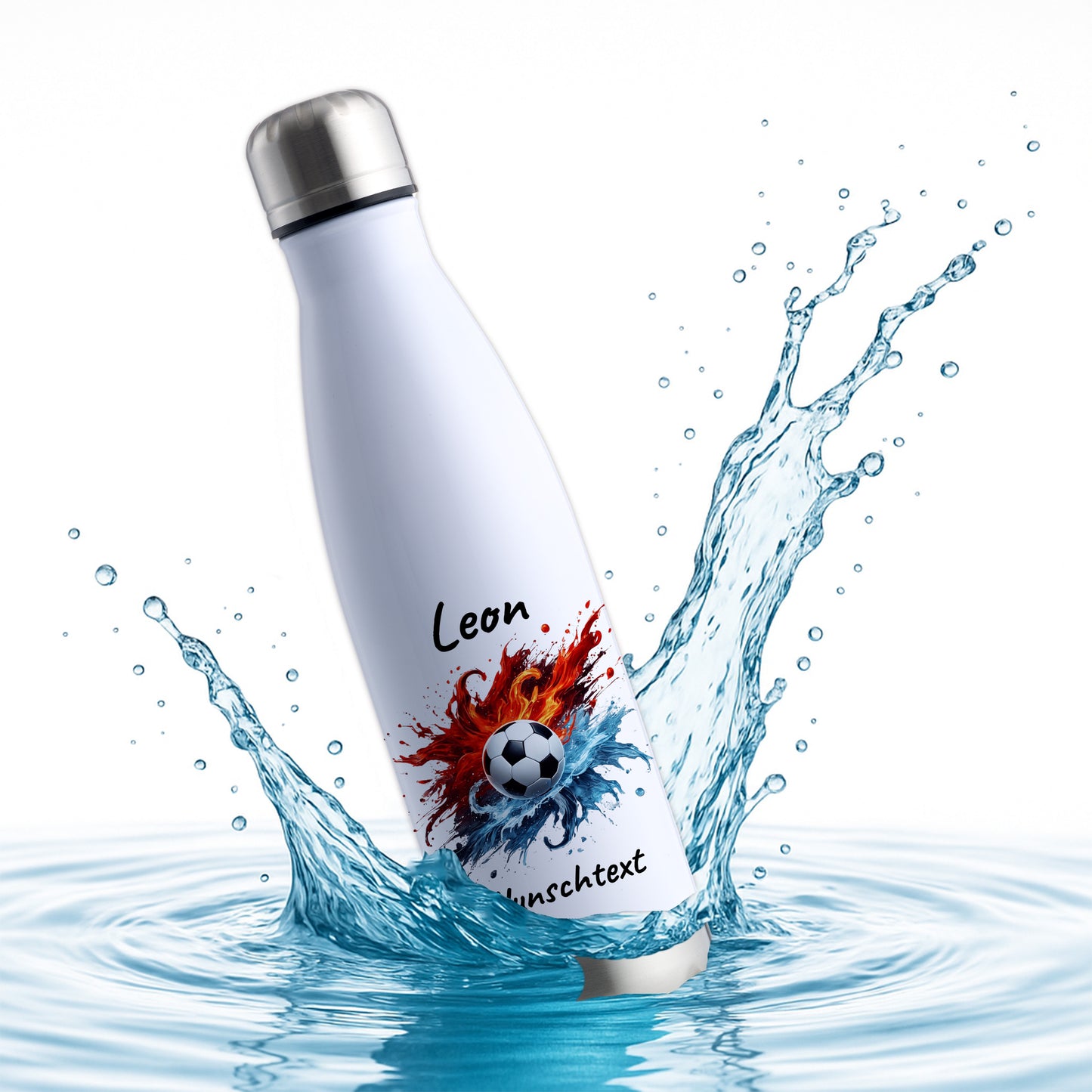 Thermoflasche 500ml in Weiß/Silber aus Edelstahl bedruckt "Fußball" Motiv12 personalisierbar mit Wunschname & Text