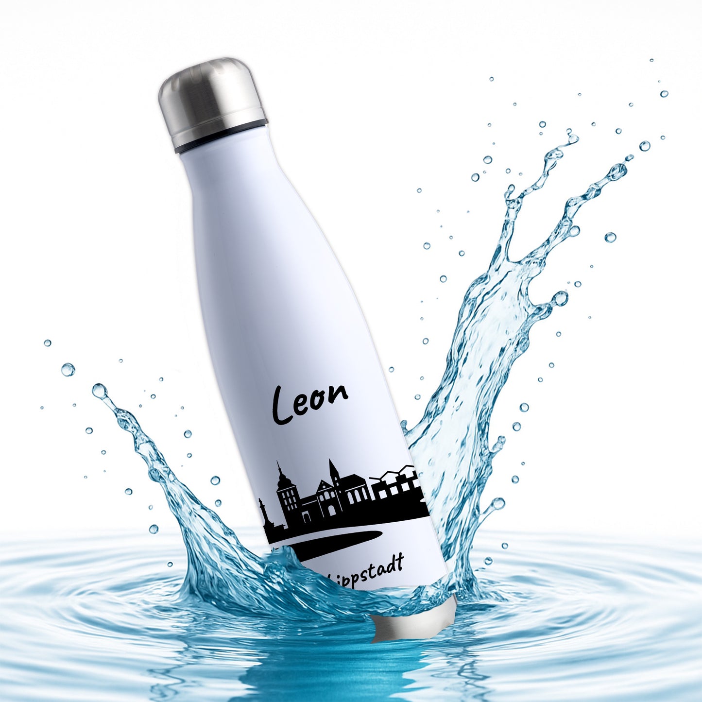 Trinkflasche in Weiß/Silber 500ml aus Edelstahl bedruckt mit der Skyline von Lippstadt personalisierbar mit Wunschname