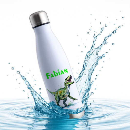 Thermoflasche 500ml in Weiß/Silber bedruckt mit tollen Motiven für Kinder "Dino T-Rex" personalisierbar mit Wunschname