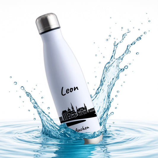 Trinkflasche in Weiß/Silber 500ml aus Edelstahl bedruckt mit der Skyline von Aachen personalisierbar mit Wunschname