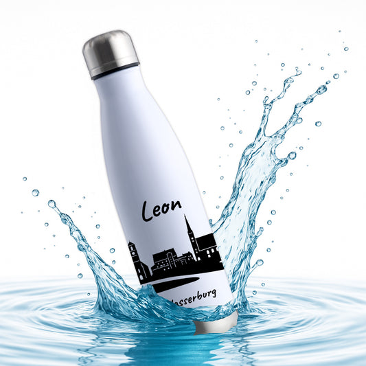 Trinkflasche in Weiß/Silber 500ml aus Edelstahl bedruckt mit der Skyline von Wasserburg personalisierbar mit Wunschname