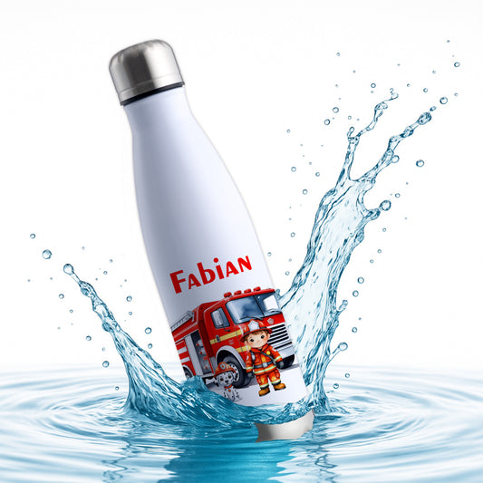 Thermoflasche 500ml in Weiß/Silber bedruckt mit tollen Motiven für Kinder "Feuerwehr" personalisierbar mit Wunschname