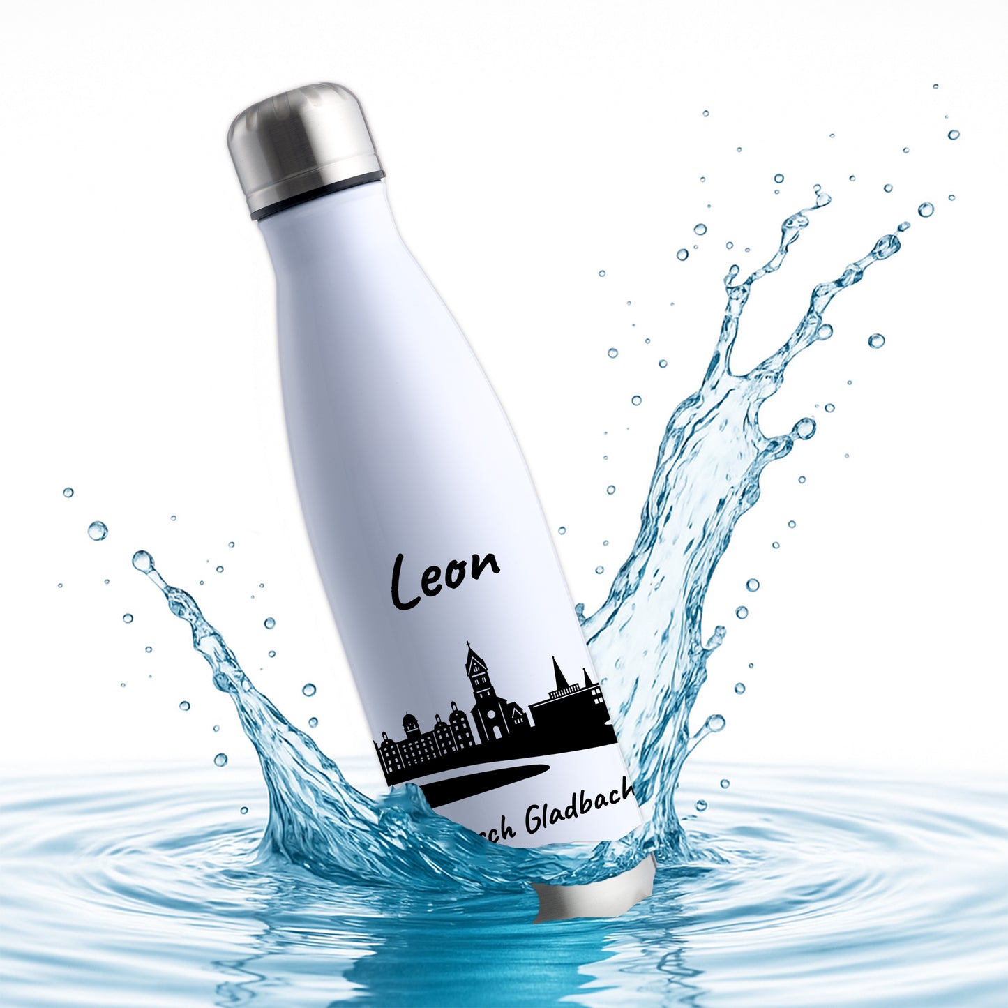 Trinkflasche in Weiß/Silber 500ml aus Edelstahl bedruckt mit der Skyline von Bergisch Gladbach personalisierbar mit Wunschname