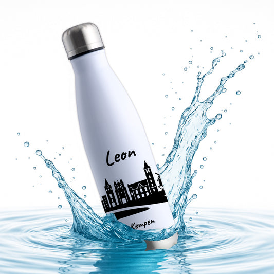 Trinkflasche in Weiß/Silber 500ml aus Edelstahl bedruckt mit der Skyline von Kempen personalisierbar mit Wunschname