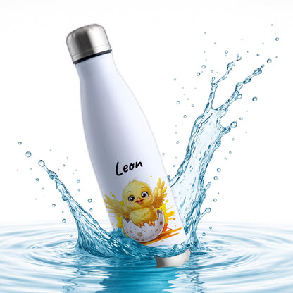 Trinkflasche in Weiß/Silber 500ml aus Edelstahl bedruckt mit niedlichen Tieren "Küken" personalisierbar für Kinder mit Wunschname