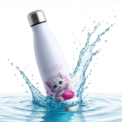 Trinkflasche in Weiß/Silber 500ml aus Edelstahl bedruckt mit niedlichen Tieren "Katze" personalisierbar für Kinder mit Wunschname