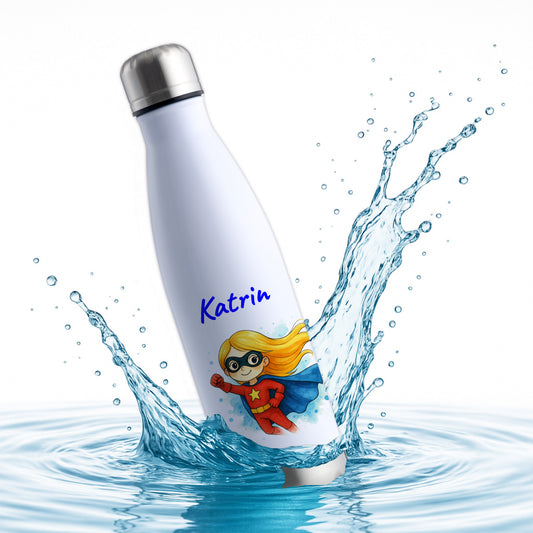 Thermoflasche 500ml in Weiß/Silber bedruckt mit tollen Motiven für Kinder "Superheldin" personalisierbar mit Wunschname