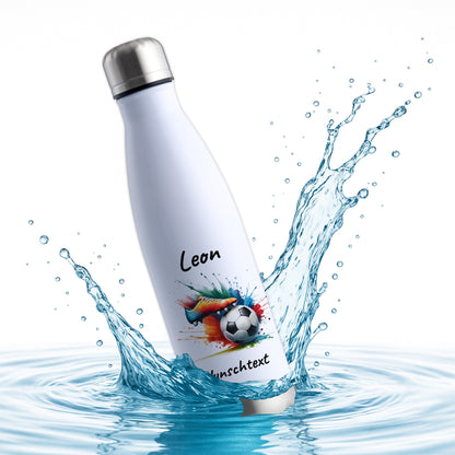 Thermoflasche 500ml in Weiß/Silber aus Edelstahl bedruckt "Fußball" Motiv6 personalisierbar mit Wunschname & Text