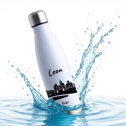 Trinkflasche in Weiß/Silber 500ml aus Edelstahl bedruckt mit der Skyline von Trier personalisierbar mit Wunschname