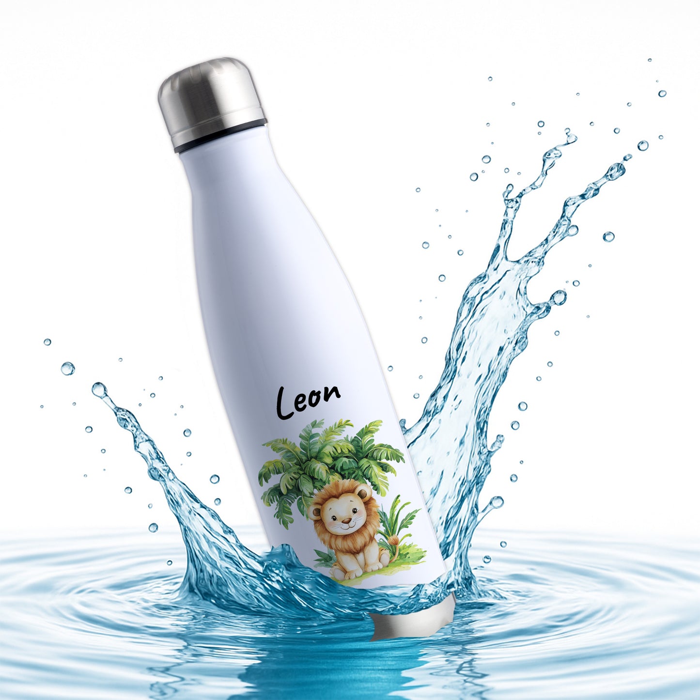 Trinkflasche in Weiß/Silber 500ml aus Edelstahl bedruckt mit Dschungel Tieren"Löwe" personalisierbar für Kinder mit Wunschname