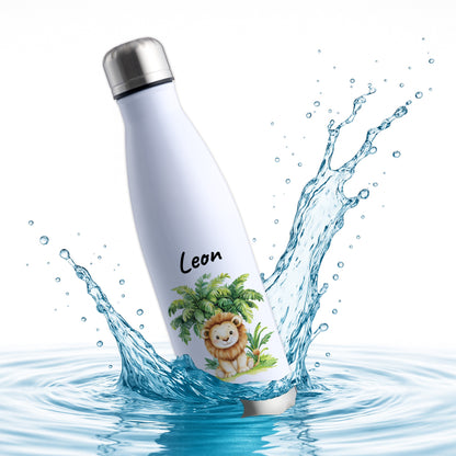 Trinkflasche in Weiß/Silber 500ml aus Edelstahl bedruckt mit Dschungel Tieren"Löwe" personalisierbar für Kinder mit Wunschname