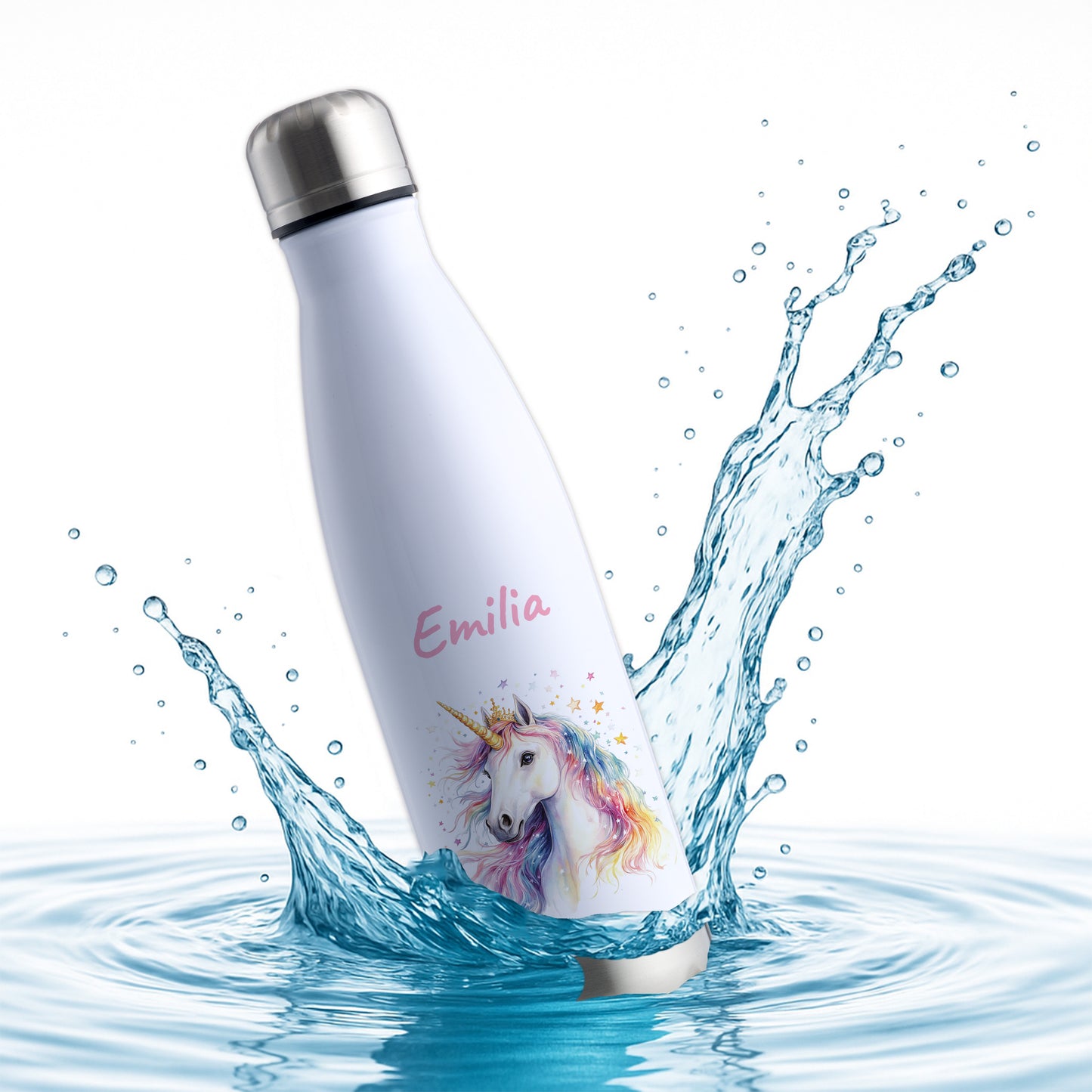 Thermoflasche 500ml in Weiß/Silber bedruckt mit tollen Motiven für Kinder "Einhorn" personalisierbar mit Wunschname