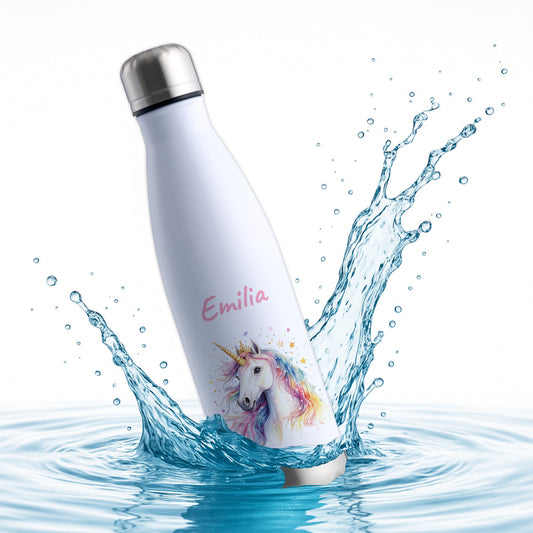 Thermoflasche 500ml in Weiß/Silber bedruckt mit tollen Motiven für Kinder "Einhorn" personalisierbar mit Wunschname
