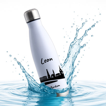 Trinkflasche in Weiß/Silber 500ml aus Edelstahl bedruckt mit der Skyline von Borkum personalisierbar mit Wunschname