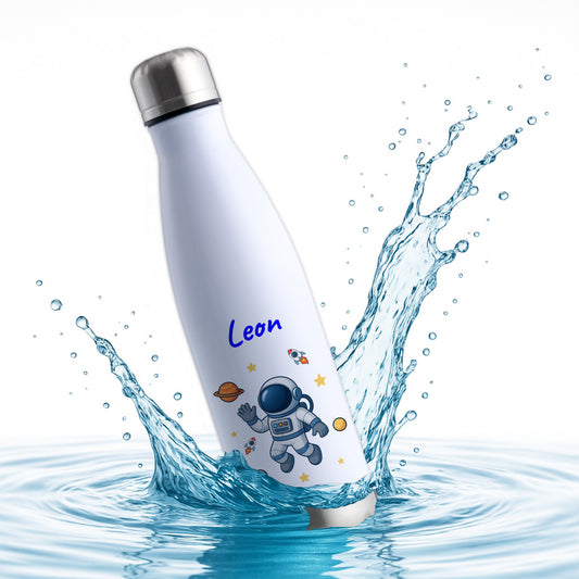 Thermoflasche 500ml in Weiß/Silber bedruckt mit tollen Motiven für Kinder "Astronaut" personalisierbar mit Wunschname
