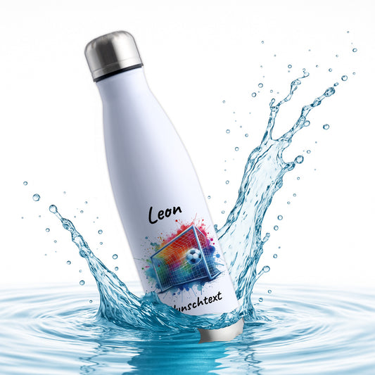 Thermoflasche 500ml in Weiß/Silber aus Edelstahl bedruckt "Fußball" Motiv5 personalisierbar mit Wunschname & Text