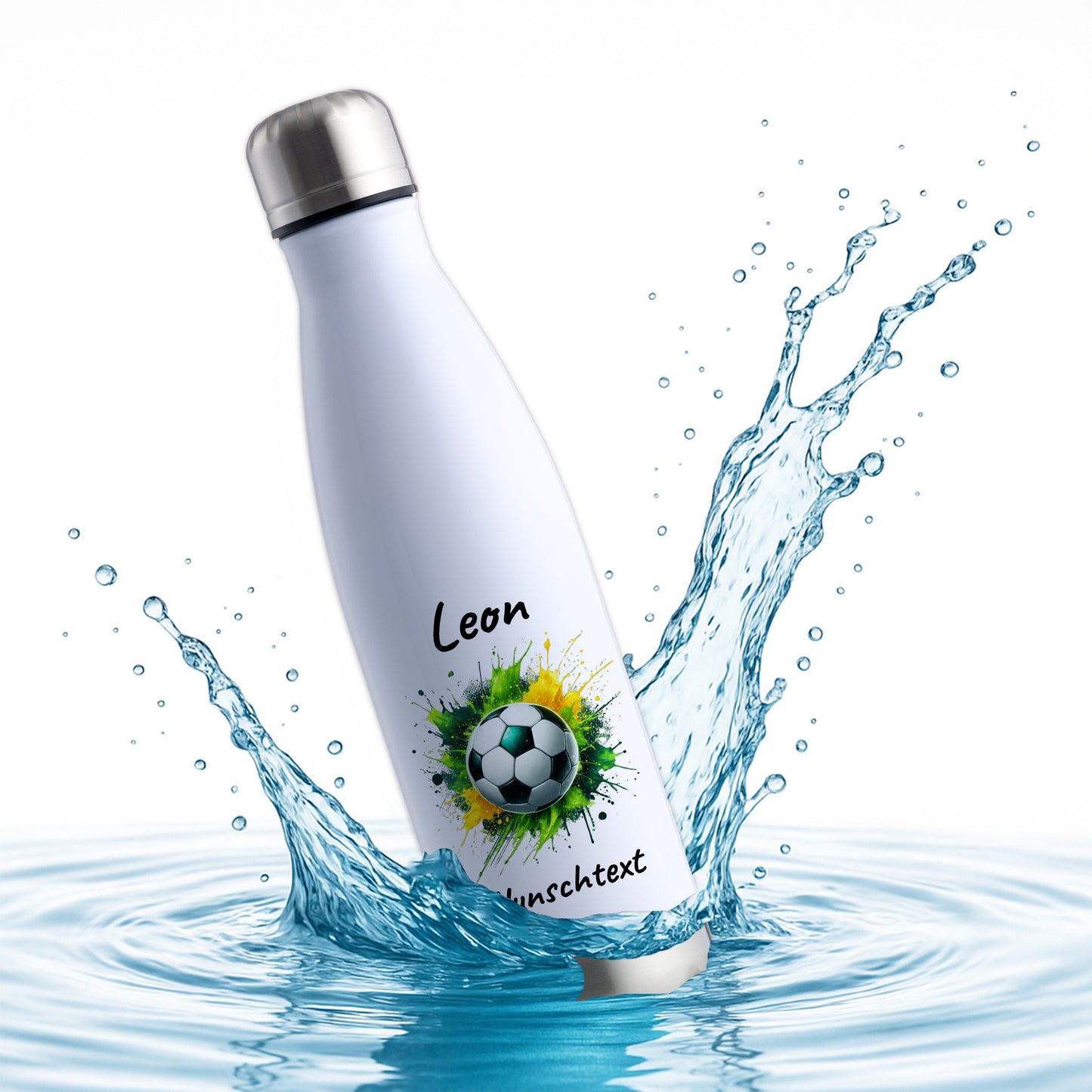 Thermoflasche 500ml in Weiß/Silber aus Edelstahl bedruckt "Fußball" Motiv11 personalisierbar mit Wunschname & Text