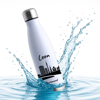 Trinkflasche in Weiß/Silber 500ml aus Edelstahl bedruckt mit der Skyline von Dortmund personalisierbar mit Wunschname