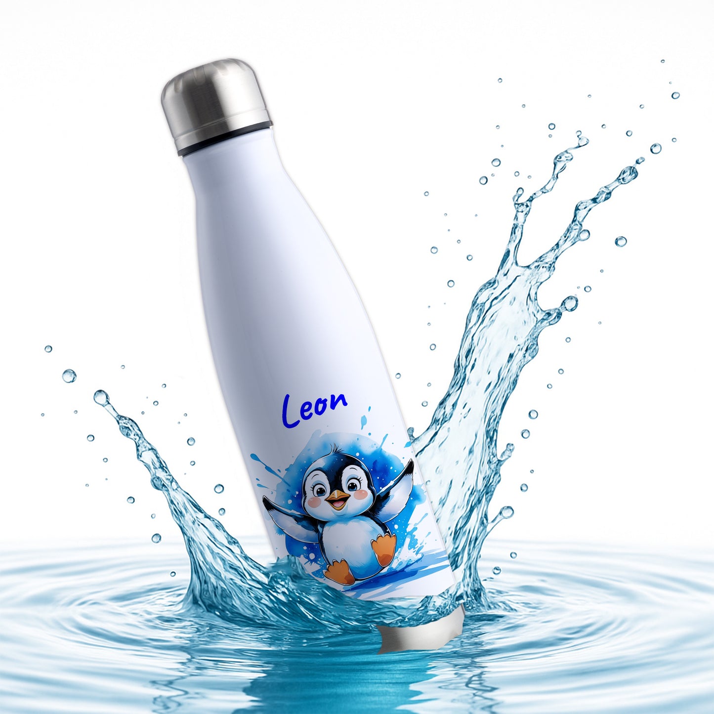 Trinkflasche in Weiß/Silber 500ml aus Edelstahl bedruckt mit niedlichen Tieren "Pinguin" personalisierbar für Kinder mit Wunschname