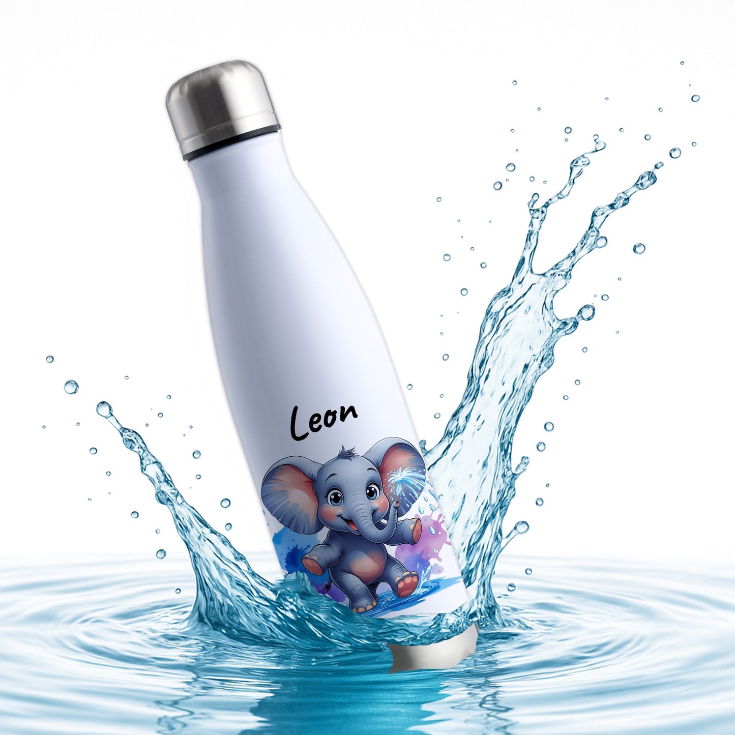 Trinkflasche in Weiß/Silber 500ml aus Edelstahl bedruckt mit niedlichen Tieren "Elefant" personalisierbar für Kinder mit Wunschname