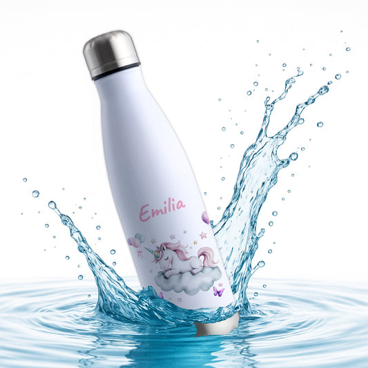 Thermoflasche 500ml in Weiß/Silber bedruckt mit tollen Motiven für Kinder "Einhorn Wolke" personalisierbar mit Wunschname