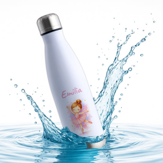 Thermoflasche 500ml in Weiß/Silber bedruckt mit tollen Motiven für Kinder "Ballerina" personalisierbar mit Wunschname