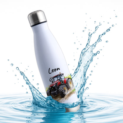 Thermoflasche 500ml in Weiß/Silber bedruckt mit tollen Motiven für Kinder "Traktor" personalisierbar mit Wunschname