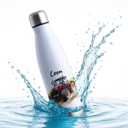 Thermoflasche 500ml in Weiß/Silber bedruckt mit tollen Motiven für Kinder "Traktor" personalisierbar mit Wunschname