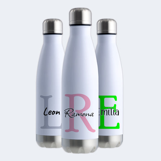 Thermoflasche 500ml aus Edelstahl in Weiß/Silber personalisierbar mit Wunschname auslaufsichere Trinkflasche