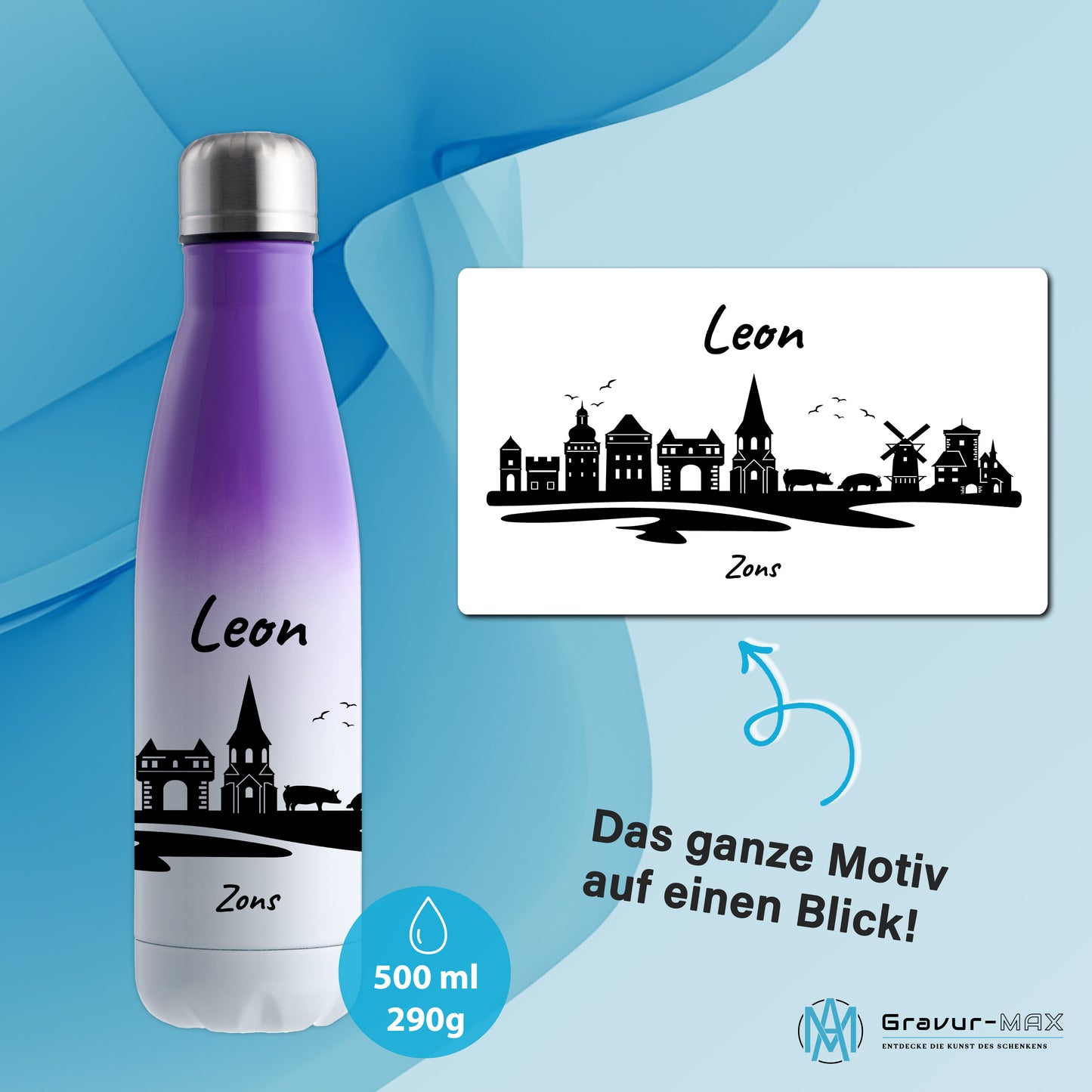 Trinkflasche in Weiß/Violett 500ml aus Edelstahl bedruckt mit der Skyline von Zons (Dormagen) personalisierbar mit Wunschname