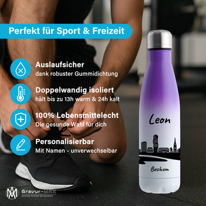 Trinkflasche in Weiß/Violett 500ml aus Edelstahl bedruckt mit der Skyline von Bochum personalisierbar mit Wunschname