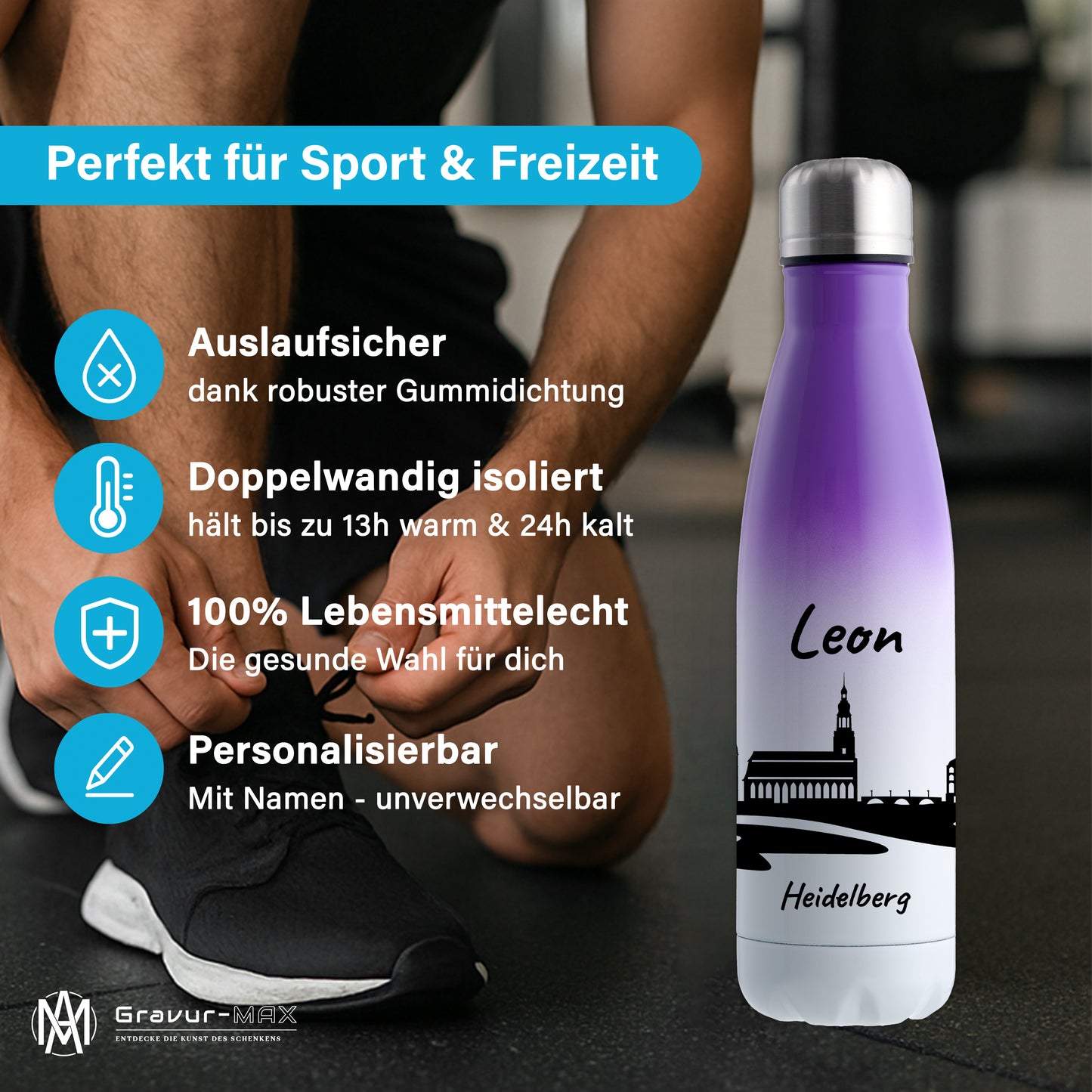 Trinkflasche in Weiß/Violett 500ml aus Edelstahl bedruckt mit der Skyline von Heidelberg personalisierbar mit Wunschname