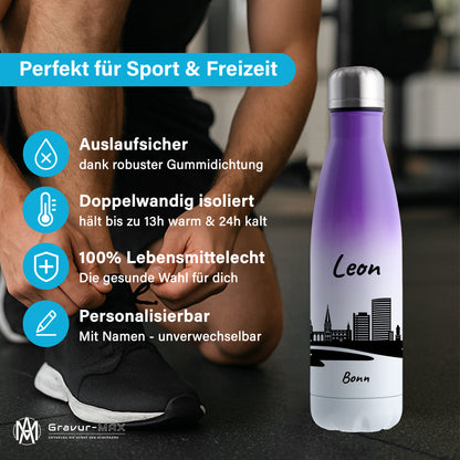 Trinkflasche in Weiß/Violett 500ml aus Edelstahl bedruckt mit der Skyline von Bonn personalisierbar mit Wunschname