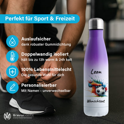 Thermoflasche 500ml in Weiß/Violett aus Edelstahl bedruckt "Fußball" Motiv6 personalisierbar mit Wunschname & Text