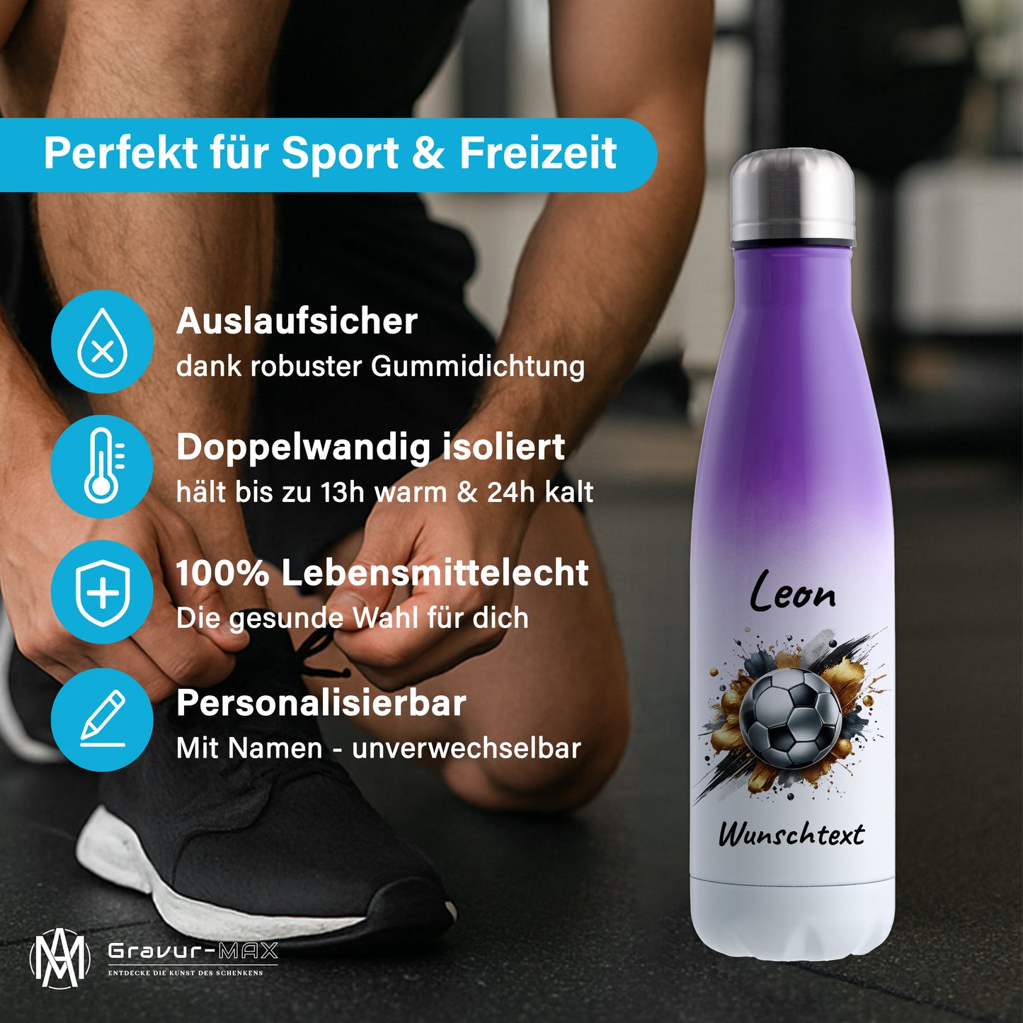 Thermoflasche 500ml in Weiß/Violett aus Edelstahl bedruckt "Fußball" Motiv13 personalisierbar mit Wunschname & Text
