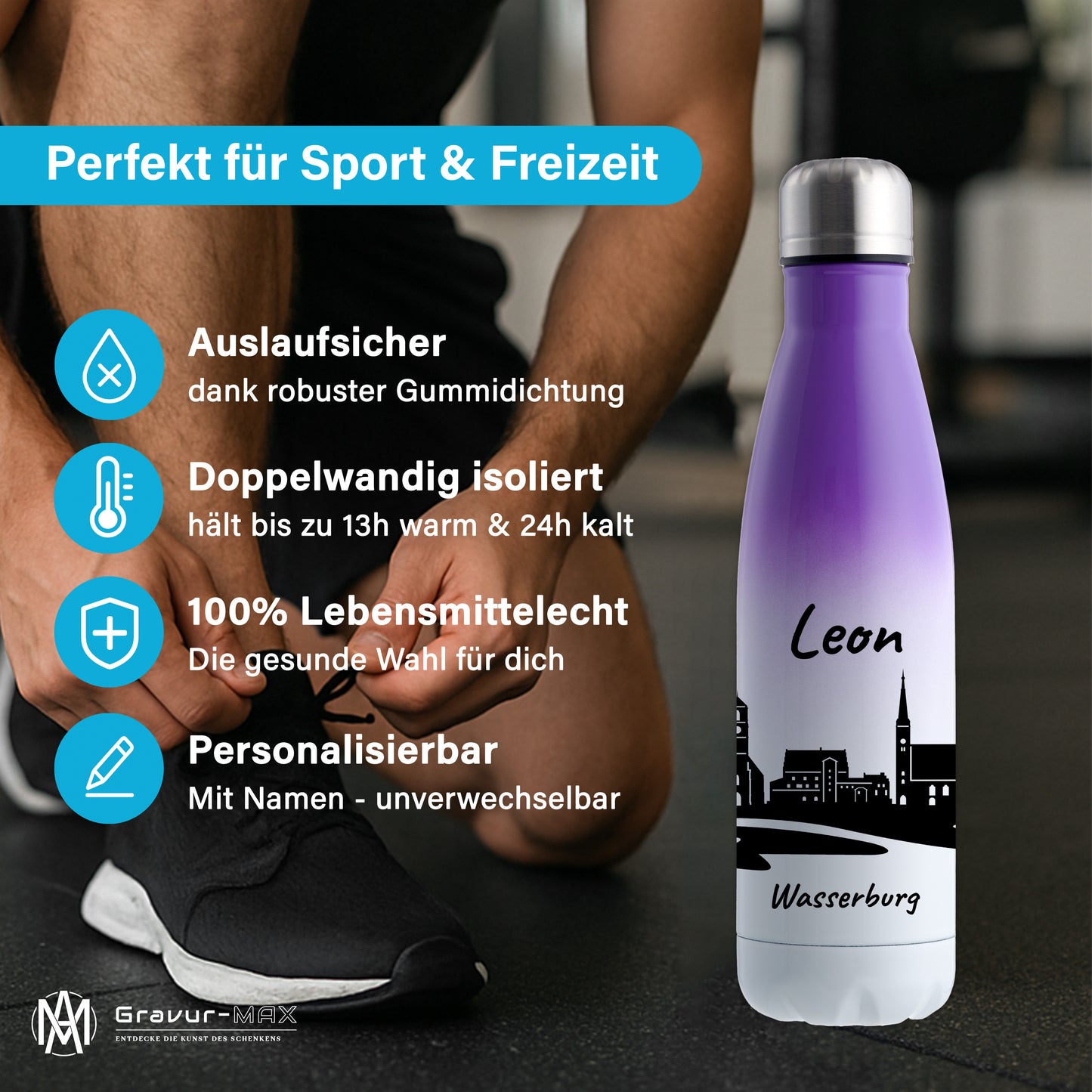 Trinkflasche in Weiß/Violett 500ml aus Edelstahl bedruckt mit der Skyline von Wasserburg personalisierbar mit Wunschname