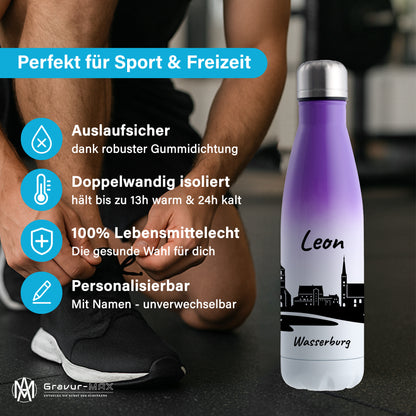 Trinkflasche in Weiß/Violett 500ml aus Edelstahl bedruckt mit der Skyline von Wasserburg personalisierbar mit Wunschname