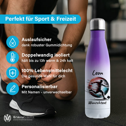 Thermoflasche 500ml in Weiß/Violett aus Edelstahl bedruckt "Fußball" Motiv3 personalisierbar mit Wunschname & Text