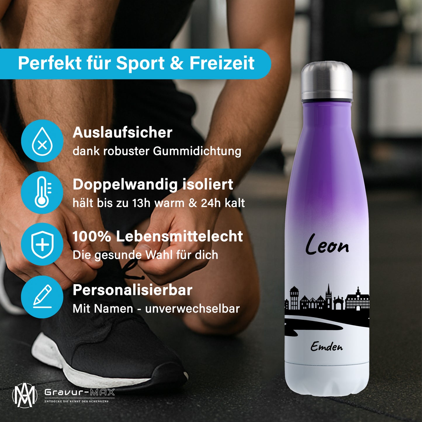 Trinkflasche in Weiß/Violett 500ml aus Edelstahl bedruckt mit der Skyline von Emden personalisierbar mit Wunschname
