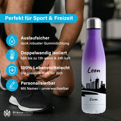 Trinkflasche in Weiß/Violett 500ml aus Edelstahl bedruckt mit der Skyline von Essen personalisierbar mit Wunschname