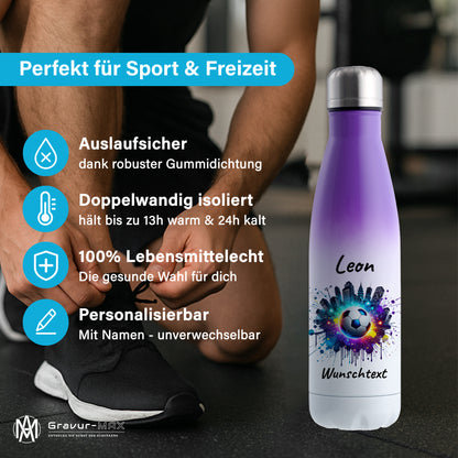Thermoflasche 500ml in Weiß/Violett aus Edelstahl bedruckt "Fußball" Motiv7 personalisierbar mit Wunschname & Text