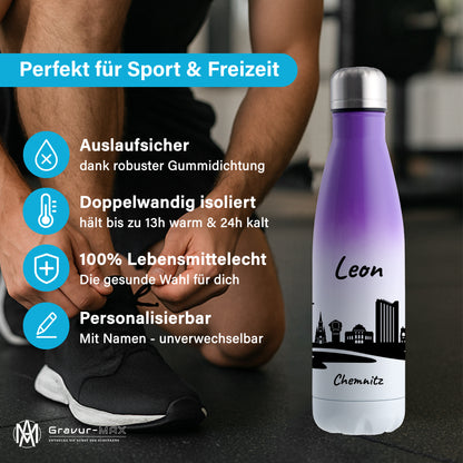 Trinkflasche in Weiß/Violett 500ml aus Edelstahl bedruckt mit der Skyline von Chemnitz personalisierbar mit Wunschname