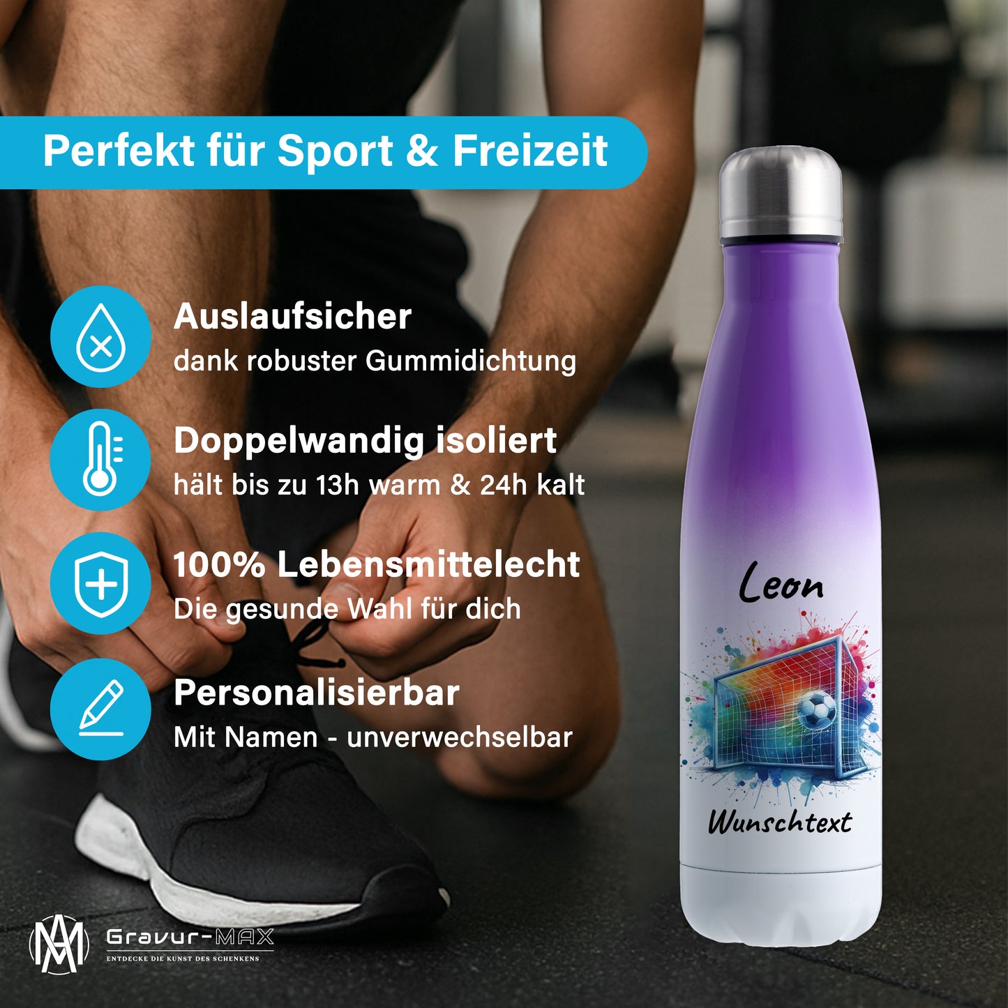 Thermoflasche 500ml in Weiß/Violett aus Edelstahl bedruckt "Fußball" Motiv5 personalisierbar mit Wunschname & Text