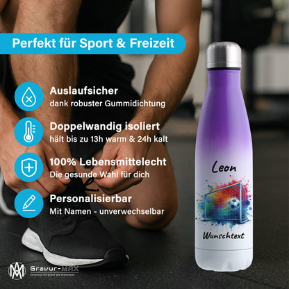 Thermoflasche 500ml in Weiß/Violett aus Edelstahl bedruckt "Fußball" Motiv5 personalisierbar mit Wunschname & Text